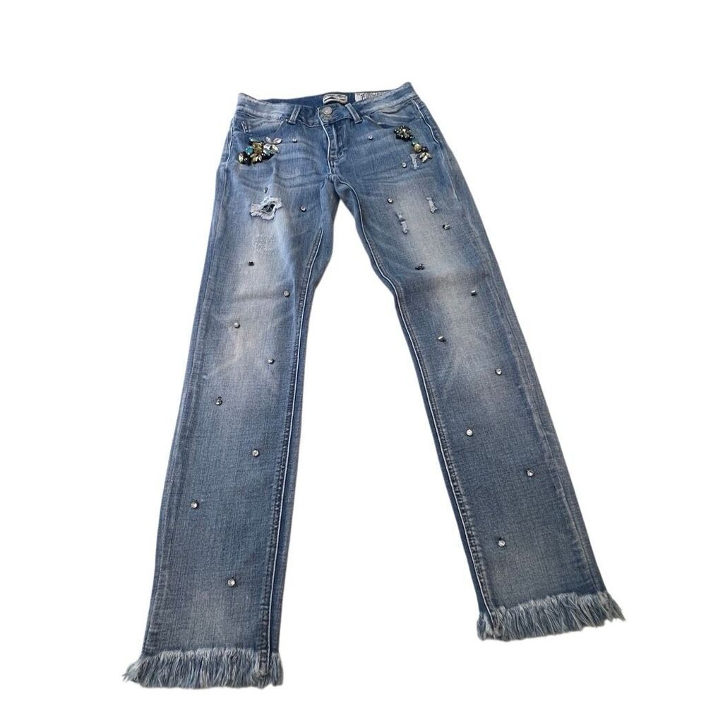 Indigo Rein Women's Distressed Rhinestone Embellished Ankle Jeans Blue Size 7